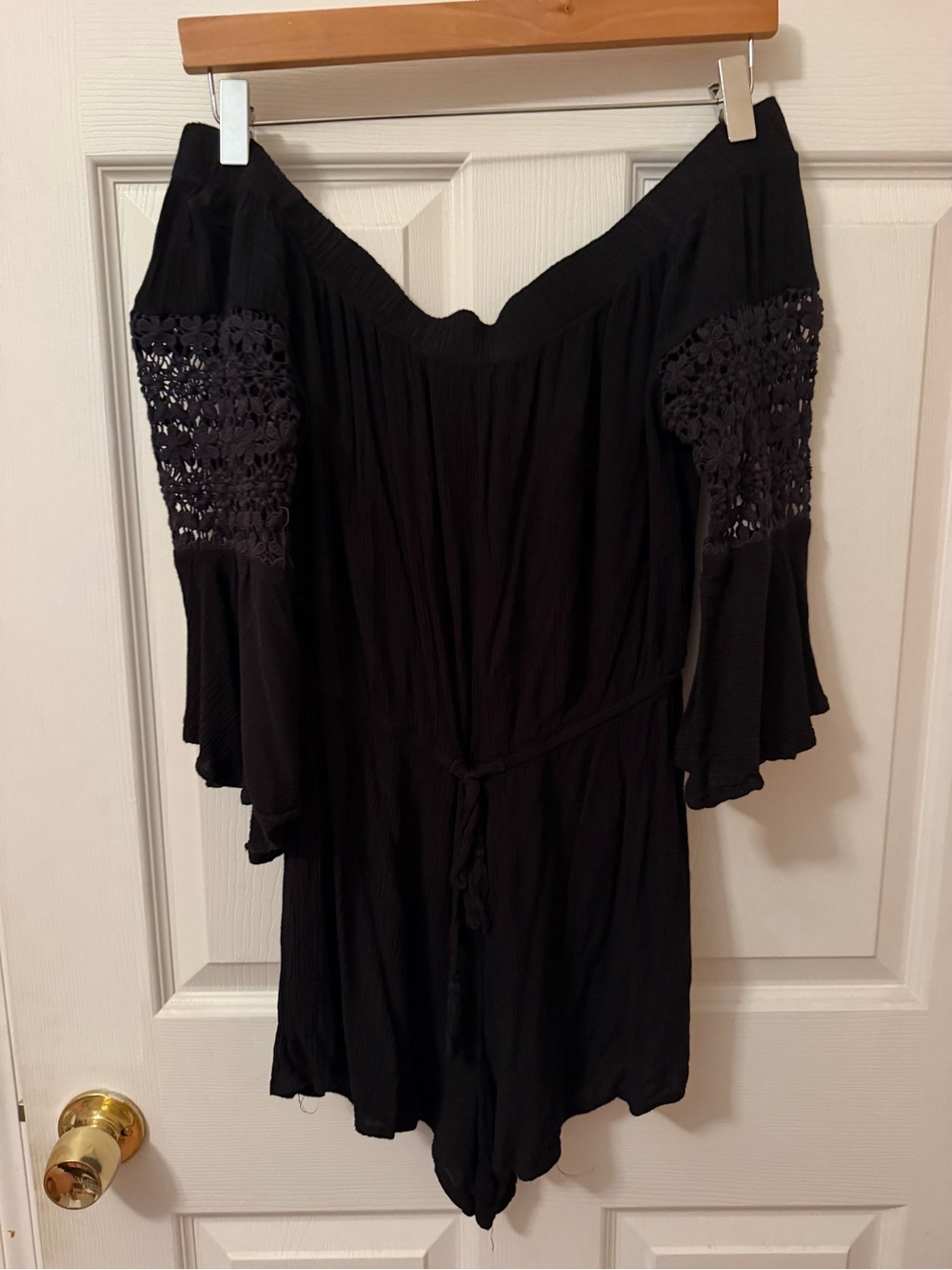 Women's Black Off-Shoulder Crochet-Sleeve Romper